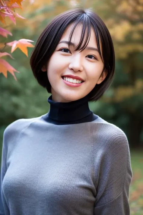 1girl,(wearing turtleneck sweater:1.2),(RAW photo, best quality), (realistic, photo-realistic:1.4), masterpiece, an extremely delicate and beautiful, extremely detailed, 2k wallpaper, Amazing, finely detail, extremely detailed CG unity 8k wallpaper, ultra-detailed, highres, soft light, beautiful detailed girl, extremely detailed eyes and face, beautiful detailed nose, beautiful detailed eyes,cinematic lighting,city lights at night,autumn scenery,in a park,maple leaves,perfect anatomy,laughing<lora:oshinosara_lora:0.8>