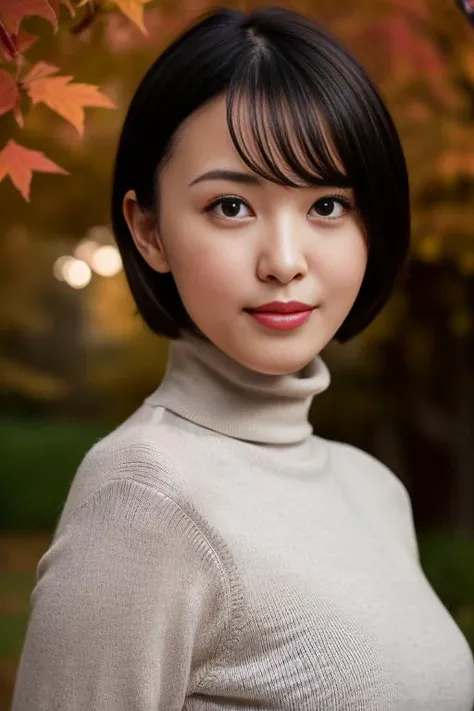 1girl,(wearing turtleneck sweater:1.2),(RAW photo, best quality), (realistic, photo-realistic:1.4), masterpiece, an extremely delicate and beautiful, extremely detailed, 2k wallpaper, Amazing, finely detail, extremely detailed CG unity 8k wallpaper, ultra-detailed, highres, soft light, beautiful detailed girl, extremely detailed eyes and face, beautiful detailed nose, beautiful detailed eyes,cinematic lighting,city lights at night,autumn scenery,in a park,maple leaves,perfect anatomy<lora:oshinosara_lora:0.8>full body