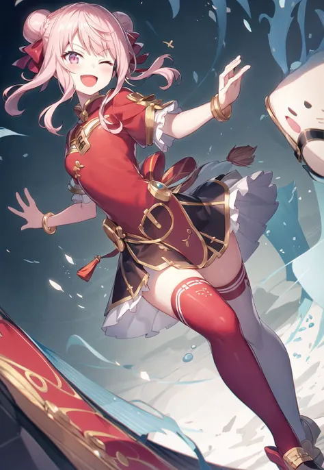 <lora:himetanakaloraV1:1> himetanaka, 1girl, solo, one eye closed, open mouth, thighhighs, skirt, smile, full body, black skirt, ;d, black footwear, white background, ribbon, looking at viewer, frills, frilled skirt, short sleeves, pleated skirt, chinese clothes, bow, miniskirt, blush, zettai ryouiki, pink thighhighs, boots, bracelet, red shirt, tassel, red dress, pink hair, masterpiece, best quality, curl hair