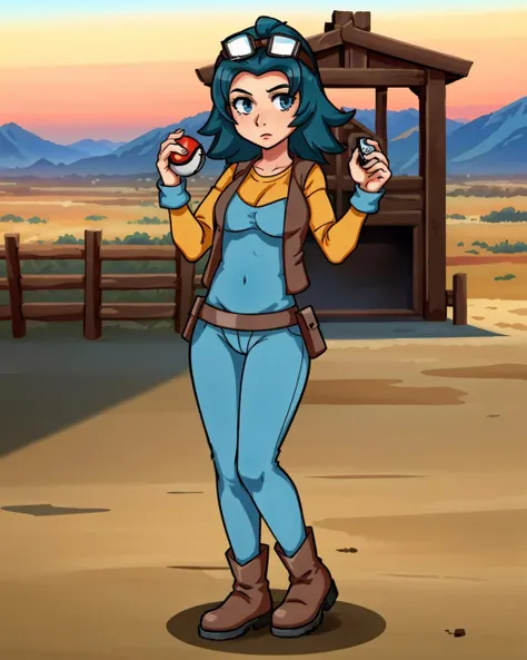 (masterpiece,best quality:1.4),1girl,hunterf,bodystocking,vest,goggles on head,standing,facing viewer,full body,in desert,holding poke ball, <lora:HunterF-06:0.6>