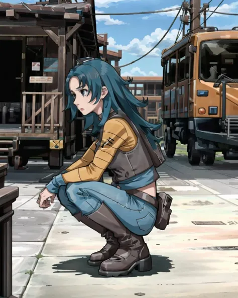 (masterpiece,best quality:1.4),1girl,hunterf,squatting,(side view),furious, <lora:HunterF-06:0.7>