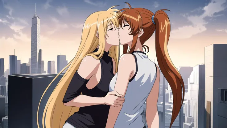 <lora:nanoha-strikers-nano-x-fate:0.7>
2girls, (kiss:1.4), city, cityscape, skyscraper,
AND takamachi nanoha, 1girl, side ponytail, hair tie, white tank top,
AND fate testarossa, 1girl, long hair, black tank top, blush, closed eyes,