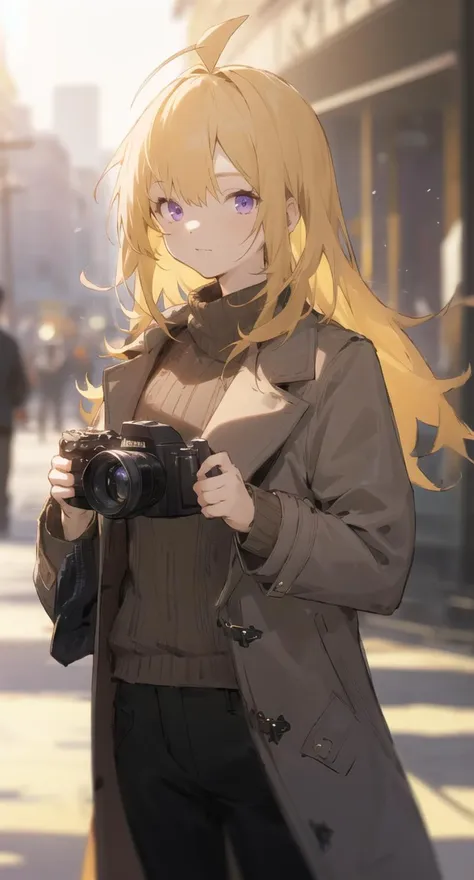 Veiling Glare, 1girl, solo, blonde hair, long hair, camera, looking at viewer, pants, coat, outdoors, sweater, open coat, ahoge, lens flare, purple eyes, blurry, black pants <lora:Veiling_Glare-pynoise:1>