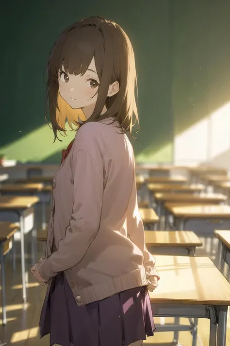 Veiling Glare, 1girl, solo, skirt, signature, blurry, looking at viewer, looking back, desk, brown hair, indoors, blurry background, brown eyes, classroom, shirt, cardigan, purple skirt, bangs, depth of field <lora:Veiling_Glare-pynoise:1>