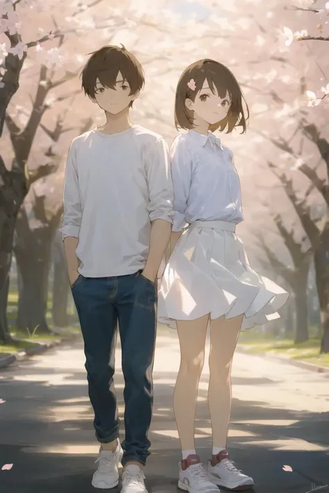 Veiling Glare, 1girl, 1boy, skirt, brown hair, cherry blossoms, outdoors, shirt, pants, arms behind back, white skirt, hairclip, hair ornament, looking at viewer, tree, shoes, blurry, white shirt, brown eyes, short hair, signature, denim, sneakers <lora:Veiling_Glare-pynoise:1>