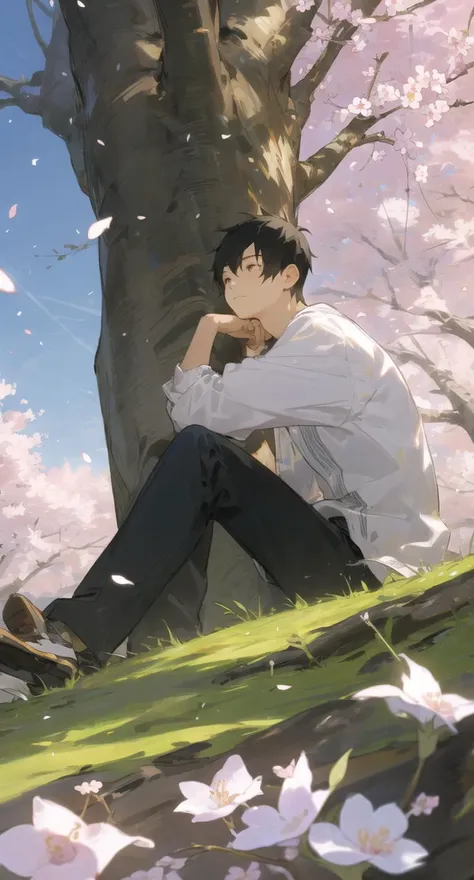 Veiling Glare, tree, cherry blossoms, sitting, 1boy, cat, male focus, flower, solo, outdoors, black hair <lora:Veiling_Glare-pynoise:1>