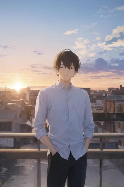 Veiling Glare, 1boy, male focus, solo, hands in pockets, outdoors, sky, cloud, signature, shirt, power lines, standing, pants, sunset, railing
<lora:Veiling_Glare-pynoise:1>