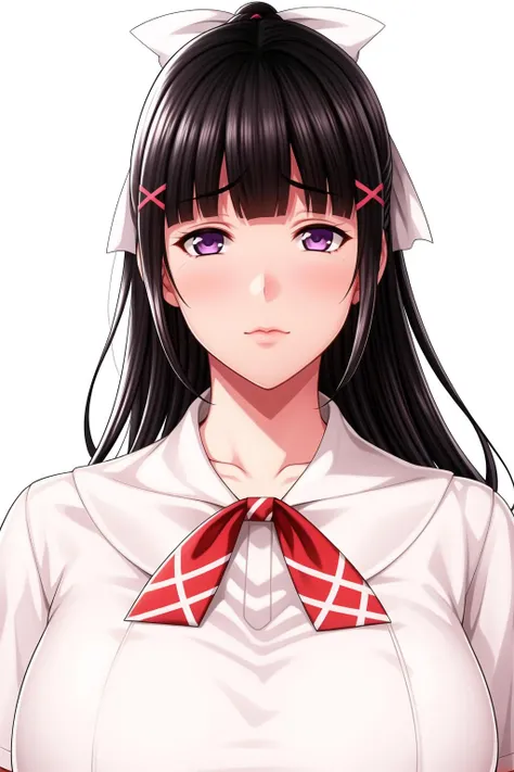 Simple White Background,
sailor collar,school uniform, serafuku, short sleeves,
Red neckerchief,White shirt,
<lora:Kanade_Amakawa_Natsuyasumi-KK77-V1:0.7>,
purple, Black hair, White Hair ornament,long hair,blunt bangs, high ponytail,
<lora:Oda_Non_Style-KK77-V2:0.3>,<lora:more_details:0.1>,
1 girl, 20yo,Young female,Beautiful Finger,Beautiful long legs,Beautiful body,
Beautiful Nose,Beautiful character design, perfect eyes, perfect face,expressive eyes,perfect balance,
looking at viewer,(Focus on her face),closed mouth, (innocent_big_eyes:1.0),(Light_Smile:0.3),
official art,extremely detailed CG unity 8k wallpaper, perfect lighting,Colorful, Bright_Front_face_Lighting,White skin,
(masterpiece:1.0),(best_quality:1.0), ultra high res,4K,ultra-detailed,
photography, 8K, HDR, highres, absurdres:1.2, Kodak portra 400, film grain, blurry background, bokeh:1.2, lens flare, (vibrant_color:1.2),professional photograph,
(Beautiful,large_Breasts:1.4), (beautiful_face:1.5),(narrow_waist),