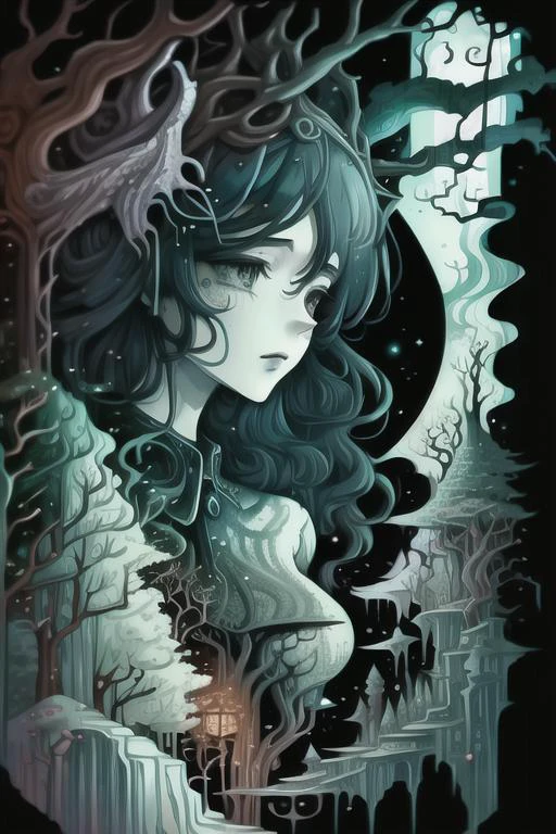 woman in a mythical forest, masterpiece, perfect face, intricate details, horror theme <lora:illx1:1> illx1