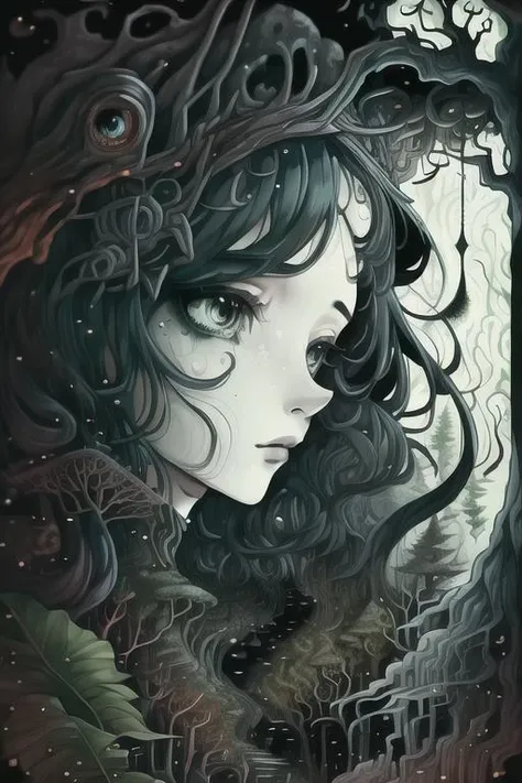 woman in a mythical forest, masterpiece, perfect face, intricate details, horror theme <lora:illx1:1> illx1