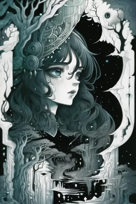 woman in a mythical forest, masterpiece, perfect face, intricate details, horror theme <lora:illx1:1> illx1