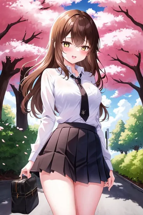 photo of a iom girl, best quality, masterpiece, 1girl, solo, cowboy shot, school uniform, white shirt, collared shirt, black necktie, miniskirt, black skirt, pleated skirt, school, outdoor, blossom trees,