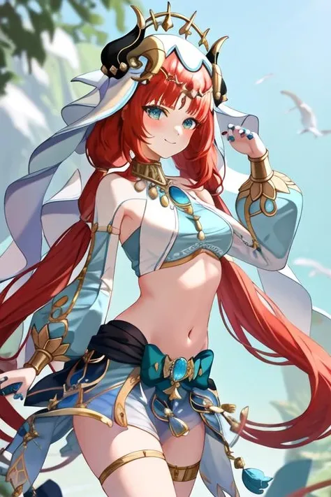 best quality, masterpiece, highres, solo, {nilou_genshin:1.15}, long_hair, bangs, red_hair, horns, veil, jewelry, fake_horns, breasts, twintails, smile, blush, parted_bangs, brooch, aqua_eyes, circlet, harem_outfit, bracer, neck_ring, medium_breasts, low_twintails, closed_mouth, 1girl, crop_top, gold_trim, long_sleeves, looking_at_viewer, navel, puffy_long_sleeves, puffy_sleeves, skirt, stomach, detached_sleeves, blue_skirt, nail_polish, blurry, blue_nails, blurry_background, sidelocks, upper_body, white_headwear, vision_\(genshin_impact\)