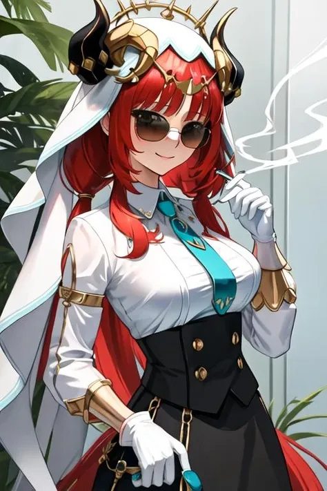 best quality, masterpiece, highres, solo, {black business suit:1.40}, {tie:1.20}, {sunglasses:1.25}, {white gloves:1.15}, {white shirt:1.10}, {black skirt:1.15}, {smoking:1.20}, handsome, {nilou_genshin:1.15}, long_hair, bangs, red_hair, horns, veil, jewelry, fake_horns, breasts, twintails, smile, blush, parted_bangs, brooch, aqua_eyes, circlet, harem_outfit, bracer, neck_ring, medium_breasts, low_twintails, closed_mouth