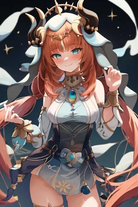 best quality, masterpiece, highres, 1girl, solo, {nilou_genshin:1.15}, long_hair, bangs, red_hair, horns, veil, jewelry, fake_horns, breasts, twintails, smile, blush, parted_bangs, brooch, aqua_eyes, circlet, harem_outfit, bracer, neck_ring, medium_breasts, low_twintails, closed_mouth