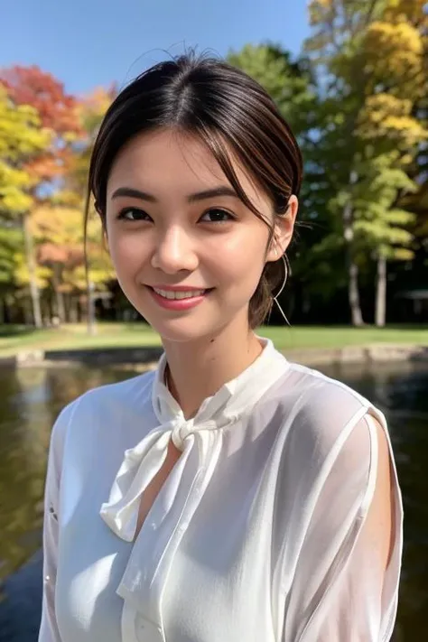 1girl,(wearing a blouse:1.2),(RAW photo, best quality), (realistic, photo-realistic:1.4), masterpiece, an extremely delicate and beautiful, extremely detailed, 2k wallpaper, Amazing, finely detail, extremely detailed CG unity 8k wallpaper, ultra-detailed, highres, soft light, beautiful detailed girl, extremely detailed eyes and face, beautiful detailed nose, beautiful detailed eyes,cinematic lighting,autumn scenery,park,by a lake,perfect anatomy,slender body,smiling  ,full body <lora:kurashinakana_lora:0.8>