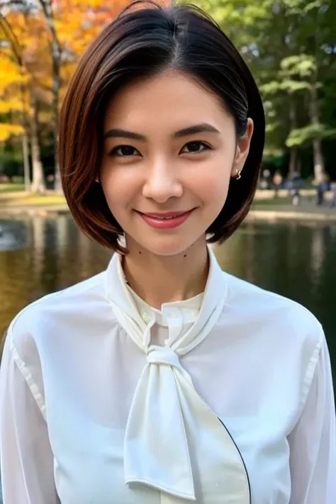 1girl,(wearing a blouse:1.2),(RAW photo, best quality), (realistic, photo-realistic:1.4), masterpiece, an extremely delicate and beautiful, extremely detailed, 2k wallpaper, Amazing, finely detail, extremely detailed CG unity 8k wallpaper, ultra-detailed, highres, soft light, beautiful detailed girl, extremely detailed eyes and face, beautiful detailed nose, beautiful detailed eyes,cinematic lighting,autumn scenery,park,by a lake,perfect anatomy,slender body,smiling ,full body <lora:kurashinakana_lora:0.8>