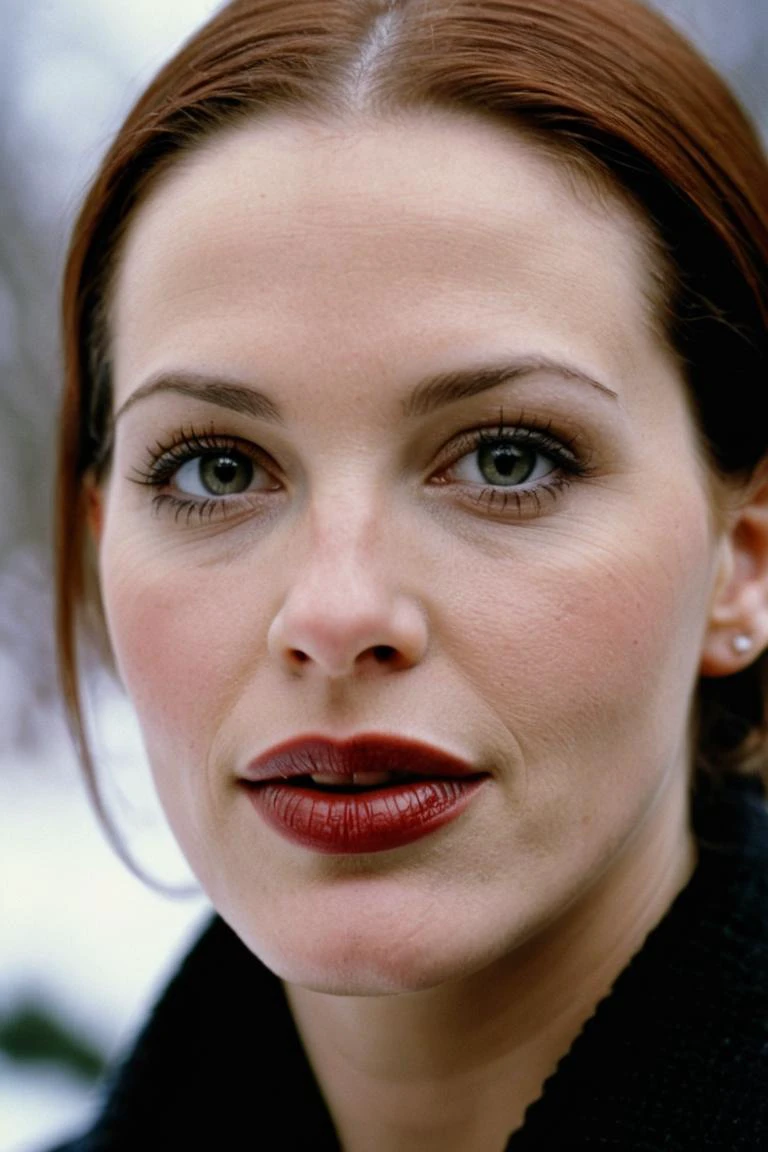 photograph portrait, close up of a Holy Marija with eyes of Shannon Elizabeth and lips of Molly Ringwald, detailed skin, ultra detailed, facing viewer | winter garden, Hopeful, Kodak Ektar 100, 80mm, two colours, detailed skin, ultra detailed