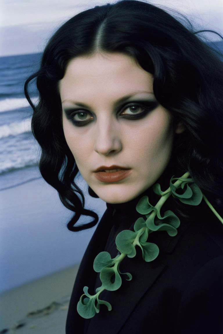(by Lena Alexander:0.8) , photograph, (wakame:1.1) , beach, deep focus, Health Goth Art, Rembrandt lighting, Kodak UltraMax 400, F/8, Dark hue, rainbow swirl, close-up, gothic