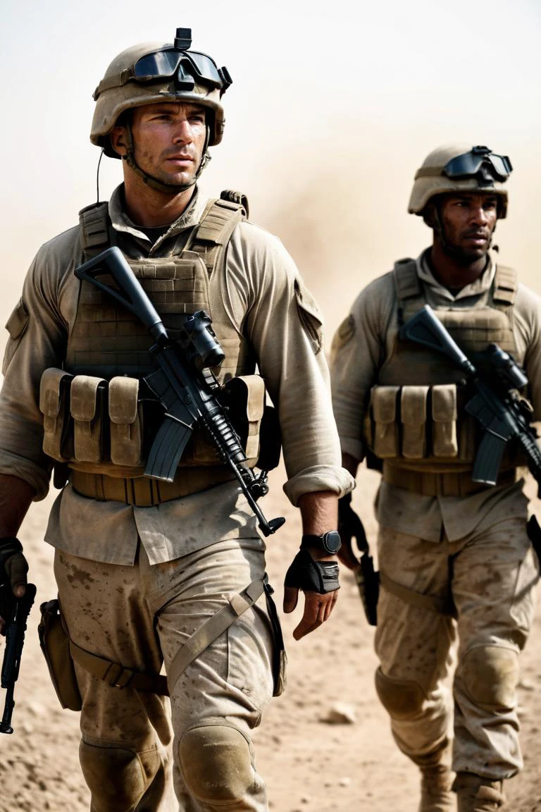 photography, photojournalism, ultrarealistic, modern warfare, two well-built Male Soldiers during battle, depressing, war weary, dust, dirt, scuffs, Sharp, in focus, soft lighting, film grain, highly detailed, Depth of field 270mm, <lora:repair_slider:1> <lora:add-detail-xl:1>
