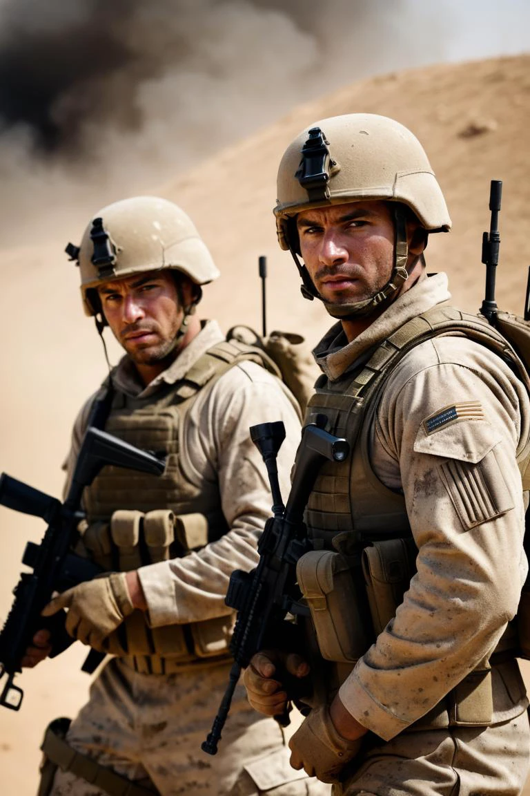 photography, photojournalism, ultrarealistic, modern warfare, two well-built Male Soldiers during battle, depressing, war weary, dust, dirt, scuffs, Sharp, in focus, soft lighting, film grain, highly detailed, Depth of field 270mm, <lora:repair_slider:1> <lora:add-detail-xl:1>