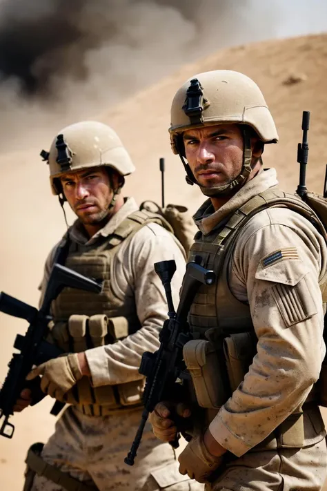 photography, photojournalism, ultrarealistic, modern warfare, two well-built Male Soldiers during battle, depressing, war weary, dust, dirt, scuffs, Sharp, in focus, soft lighting, film grain, highly detailed, Depth of field 270mm, <lora:repair_slider:1> <lora:add-detail-xl:1>