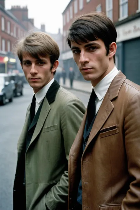 photography, photojournalism, two slim well dressed British Male Mods, in the style of (Quadrophenia:1.8), (Northern Soul:1.1), Modernist British hair styles, dusty streets, pollution, smog, Sharp, in focus, soft lighting, film grain, highly detailed, Depth of field 270mm, <lora:repair_slider:1> <lora:add-detail-xl:1>