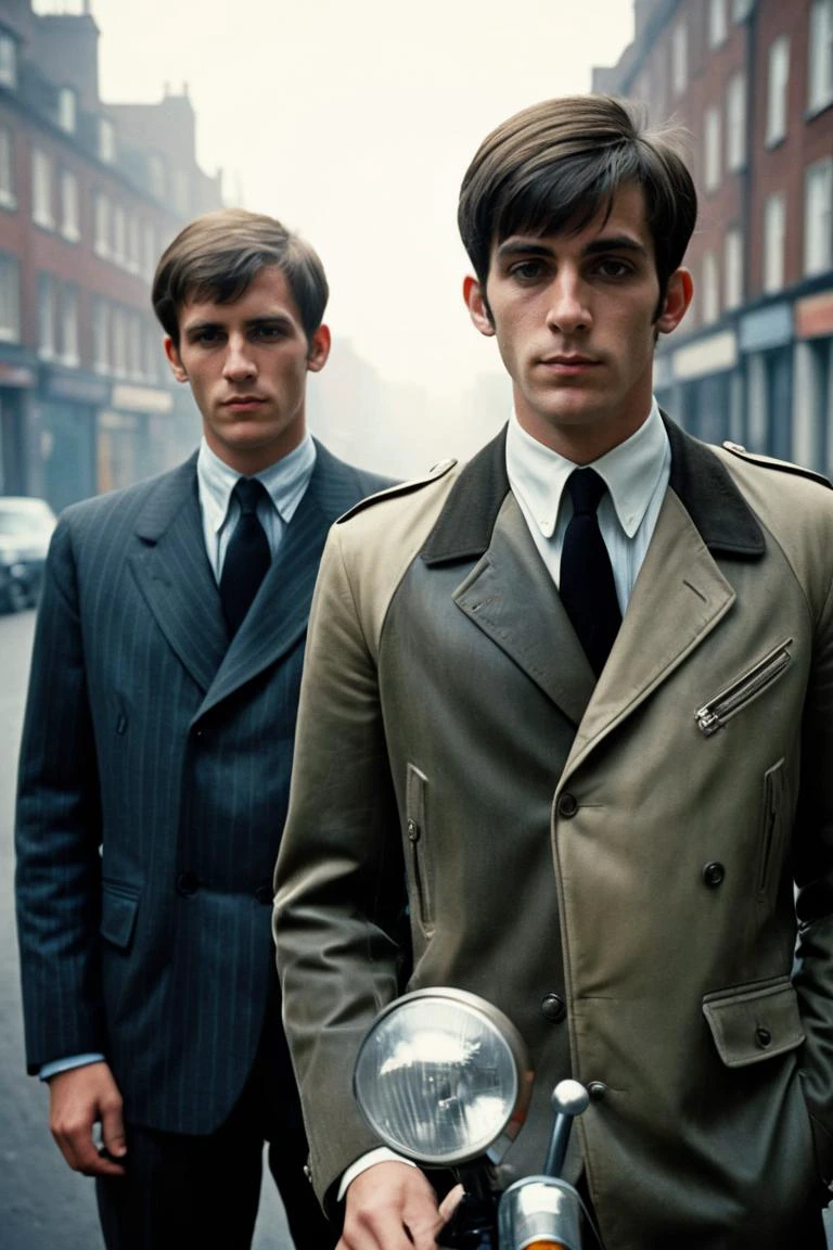 photography, photojournalism, ultrarealistic, two slim well dressed British Male Mods, in the style of (Quadrophenia:1.8), (Northern Soul:1.1), Modernist British hair styles, dusty streets, pollution, smog, Sharp, in focus, soft lighting, film grain, highly detailed, Depth of field 270mm, <lora:repair_slider:1> <lora:add-detail-xl:1>