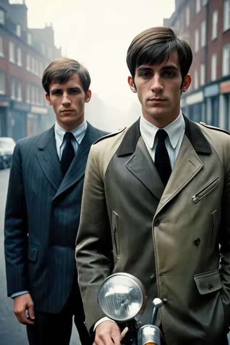 photography, photojournalism, ultrarealistic, two slim well dressed British Male Mods, in the style of (Quadrophenia:1.8), (Northern Soul:1.1), Modernist British hair styles, dusty streets, pollution, smog, Sharp, in focus, soft lighting, film grain, highly detailed, Depth of field 270mm, <lora:repair_slider:1> <lora:add-detail-xl:1>