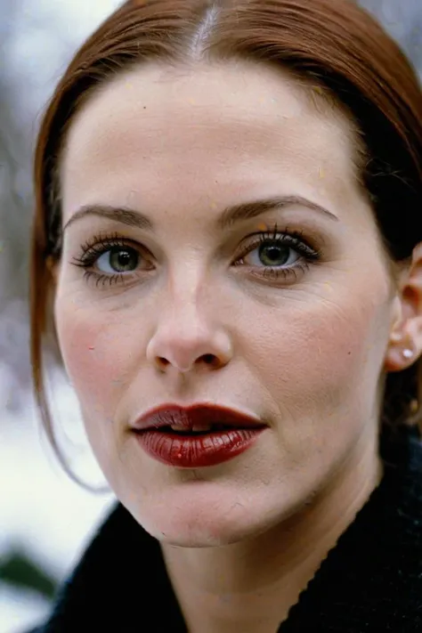photograph portrait, close up of a Holy Marija with eyes of Shannon Elizabeth and lips of Molly Ringwald, detailed skin, ultra detailed, facing viewer | winter garden, Hopeful, Kodak Ektar 100, 80mm, two colours, detailed skin, ultra detailed