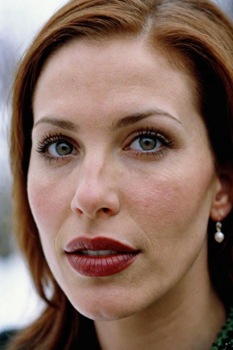 photograph portrait, close up of a Holy Marija with eyes of Shannon Elizabeth and lips of Molly Ringwald, detailed skin, ultra detailed, facing viewer | winter garden, Hopeful, Kodak Ektar 100, 80mm, two colours, detailed skin, ultra detailed