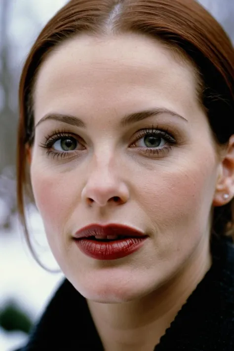 photograph portrait, close up of a Holy Marija with eyes of Shannon Elizabeth and lips of Molly Ringwald, detailed skin, ultra detailed, facing viewer | winter garden, Hopeful, Kodak Ektar 100, 80mm, two colours, detailed skin, ultra detailed