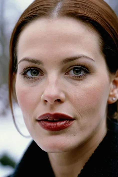photograph portrait, close up of a Holy Marija with eyes of Shannon Elizabeth and lips of Molly Ringwald, detailed skin, ultra detailed, facing viewer | winter garden, Hopeful, Kodak Ektar 100, 80mm, two colours, detailed skin, ultra detailed