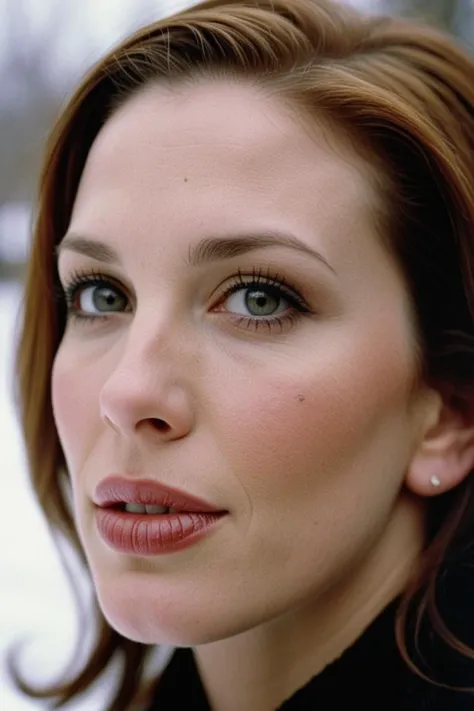 photograph portrait, close up of a Holy Marija with eyes of Shannon Elizabeth and lips of Molly Ringwald, detailed skin, ultra detailed, facing viewer | winter garden, Hopeful, Kodak Ektar 100, 80mm, two colours, detailed skin, ultra detailed