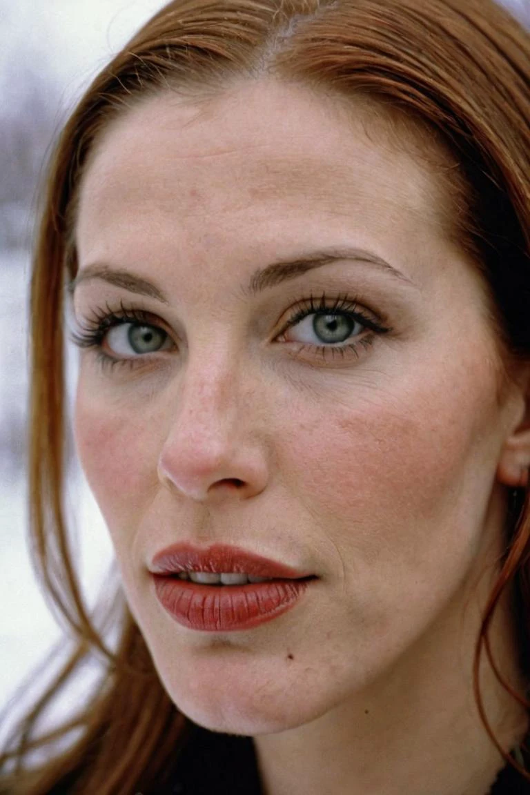 photograph portrait, close up of a Holy Marija with eyes of Shannon Elizabeth and lips of Molly Ringwald, detailed skin, ultra detailed, facing viewer | winter garden, Hopeful, Kodak Ektar 100, 80mm, two colours, detailed skin, ultra detailed