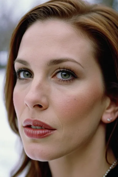 photograph portrait, close up of a Holy Marija with eyes of Shannon Elizabeth and lips of Molly Ringwald, detailed skin, ultra detailed, facing viewer | winter garden, Hopeful, Kodak Ektar 100, 80mm, two colours, detailed skin, ultra detailed