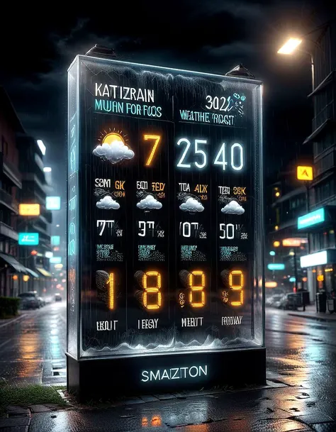 2d, 2d render, from front, weather forecast graphic, 8k, vertical, sharp focus, crisp text, numbers, synbols, glass billboard sign translucent, reflective, glow,