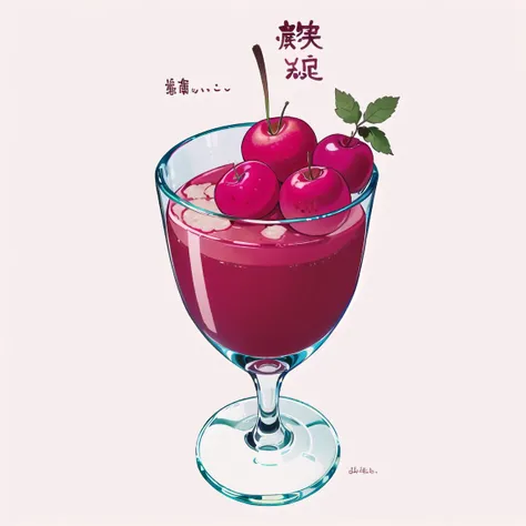 cup, dunch, no humans, food, food focus, fruit, white background, signature, cat, cherry, simple background, drinking glass,  <lora:dunch-000016:1>
