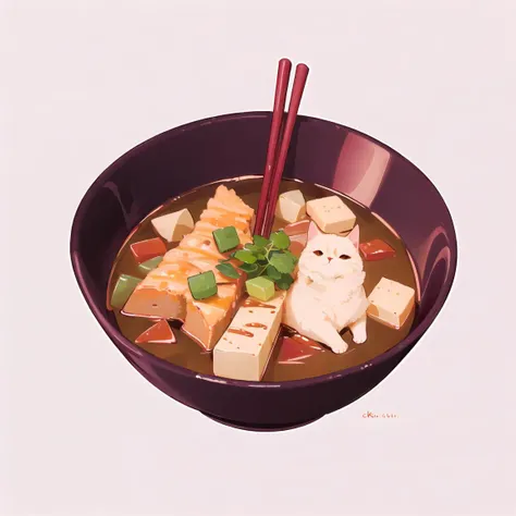 cup, dunch, no humans, bowl, white background, simple background, food,, chopsticks, food focus, soup, animal, cat<lora:dunch-000016:1>