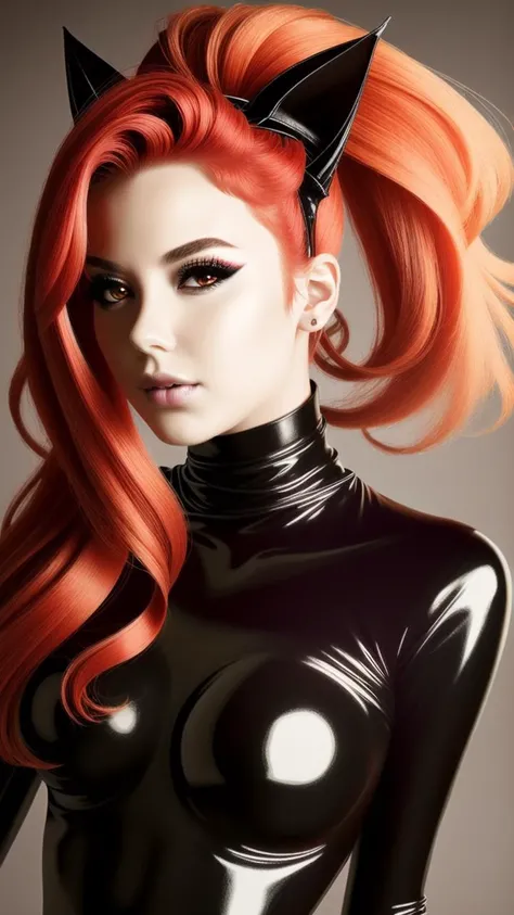 incredible portrait, 2 third rule, beautiful latex dragon with long red hairs, petite, skinny, slim body, skintight latex catsuit, <lora:BodyProportions_V2.5:1> <lora:lora_perfecteyes_v1_from_v1_160:1> <lora:GoodHands-vanilla:1>