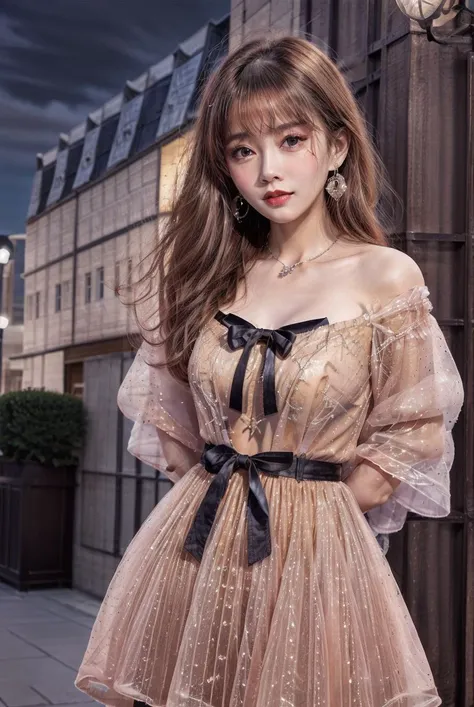 masterpiece,best quality,(Night:1.7),CityView,(outdoors:1.3),city lights,skyscraper,street,close up,
1girl,jewelry,earrings,necklace,Standing at attention,pose,beautiful face,women's wallet,
<lora:more_details:0.6>,
<lora:Champagne dinner dress_20230703173910:0.75> Champagne dinner dress,dress,brown dress, <lora:fengtimo_v10:0.3>