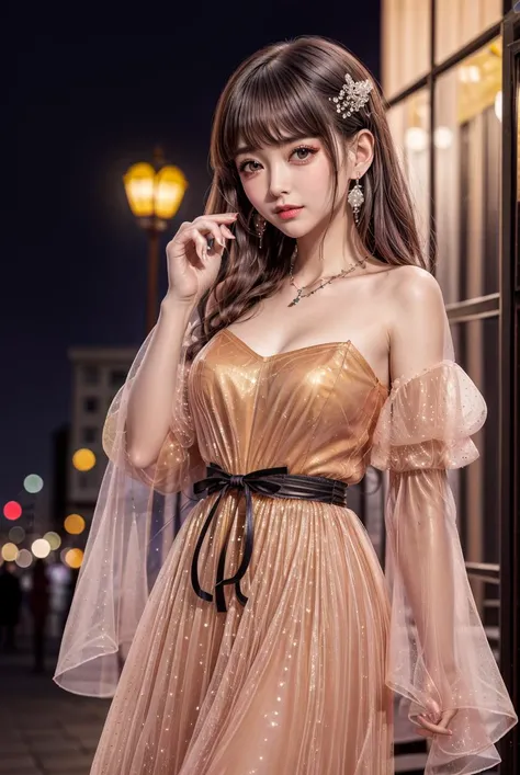 masterpiece,best quality,(Night:1.7),china,shanghai,CityView,(outdoors:1.3),city lights,skyscraper,street,close up,
1girl,jewelry,earrings,necklace,Standing at attention,pose,beautiful face,own hands together, 
<lora:more_details:0.6>,
<lora:Champagne dinner dress_20230703173910:0.7> Champagne dinner dress,dress,brown dress,