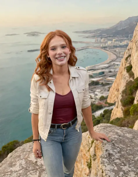 As Harley Haisley stood alone on Gibraltar's Rock during the golden hour, her tawny locks cascading down her back, she smiled a radiant grin while donning her practical and stylish ensembleâa testament to her grit as an intrepid adventurerâembracing the stunning view and showcasing her solo journey with awe-inspiring authenticity. <lora:niyikv18f219865bet27e:1>