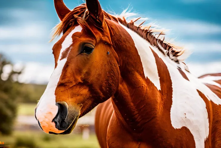 RAW photo, (closeup:1.5), paint horse, EdobHorse view from side, 8k uhd, dslr, soft lighting, high quality, film grain, Fujifilm XT3, <lora:EdobHorse_v1.0:1>