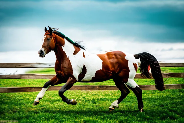 RAW photo, running paint horse EdobHorse view from side, 8k uhd, dslr, soft lighting, high quality, film grain, Fujifilm XT3, <lora:EdobHorse_v1.0:1>