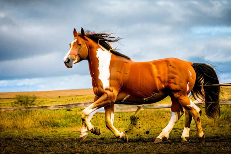 RAW photo, closeup,(paint horse:1.2), EdobHorse view from side, 8k uhd, dslr, soft lighting, high quality, film grain, Fujifilm XT3, <lora:EdobHorse_v1.0:1>