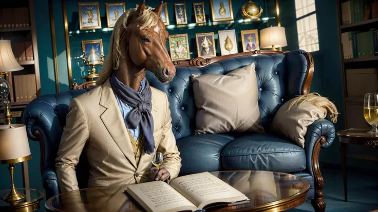 In an elegant bookshop, (horse wearing a suit:1.2) sits in an armchair, dressed in an impeccable three-piece suit and round glasses. He peruses the pages of a book with concentration, his graceful hooves turning the pages with delicacy. The shelves of books spread out around him, creating a calm, studious atmosphere. blue pillow, chesterfield sofa, gilded sculpted, a glass of white wine
<lora:EdobHorse_v1:0.5>  <lora:DressedAnimals_SD1.5:0.8>