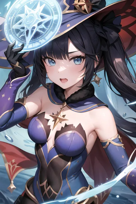 1girl, solo,
blue eyes, hair between eyes, twintails, very long hair, purple hair, large breasts,
black bodysuit, black gloves, blue sleeves, bodysuit, capelet, covered navel, detached sleeves, gloves, high heels, leotard, long hair, long sleeves, multicolored sleeves, purple capelet, purple sleeves, strapless, strapless leotard, hat, witch hat, ,
looking at viewer, Jumping with legs apart,
upper teeth,
mona,
(fantasy forest:1.2), (magic water, small blue magic circle:1.1), water fall, small flowers around, magic flowers,
masterpiece, illustration, best quality, delicate details, refined rendering, hand by Guido Daniele, highly detailed, HDR,
close up portrait,
glowing,
<lora:monatest:0.8>
<lora:add_detail:0.3>