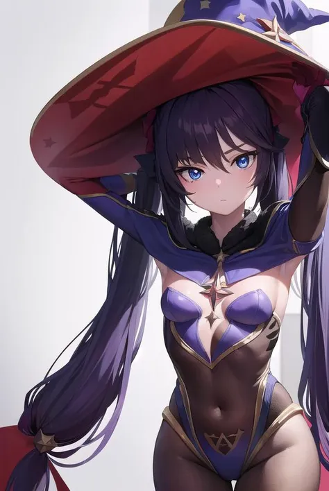 monamegistus, <lora:mona-lora-nochekaiser:1>, 
mona, blue eyes, hair between eyes, twintails, very long hair, purple hair, hat, (small breast:1.2), witch hat,
BREAK black bodysuit, black gloves, blue sleeves, bodysuit, capelet, covered navel, detached sleeves, gloves, high heels, leotard, long hair, long sleeves, multicolored sleeves, purple capelet, purple sleeves, strapless, strapless leotard,
BREAK outdoors, city,
BREAK looking at viewer, (cowboy shot:1.5),
BREAK <lyco:GoodHands-beta2:1>, (masterpiece:1.2), best quality, high resolution, unity 8k wallpaper, (illustration:0.8), (beautiful detailed eyes:1.6), extremely detailed face, perfect lighting, extremely detailed CG, (perfect hands, perfect anatomy),