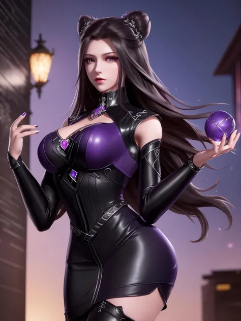 <lora:dldlZHUZHUQING_20230726183254:0.75>,double bun,mature female,cityscape,night,looking at viewer,long hair,detached sleeves,black long sleeves,purple eyes,cowboy shot,thigh boots,latex,cutout,hair bun,cone hair bun, black dress,hair ornament, jewelry, gem,